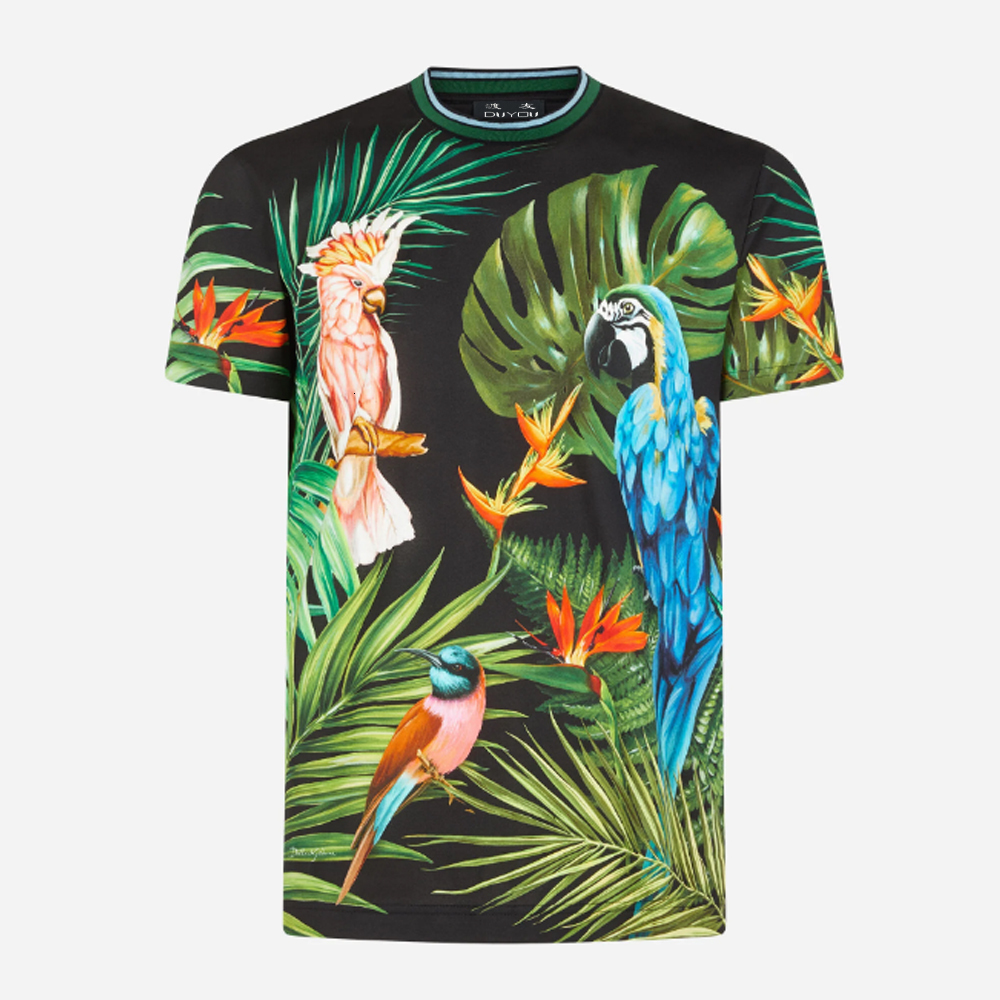 

Mens Shirt Clothing Fashion Cotton T-shirt with Parrot Print Stretch Tshirt for Man Y7t2, Black