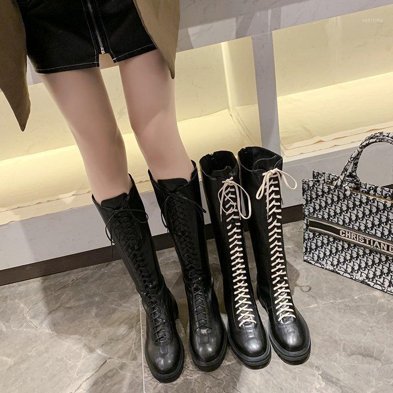 

Knee High Boots Lace Up Women Shoes 2020 Motorcycle Platform Long Boots Winter Shoes Women Thigh High Knee Botas1, Black