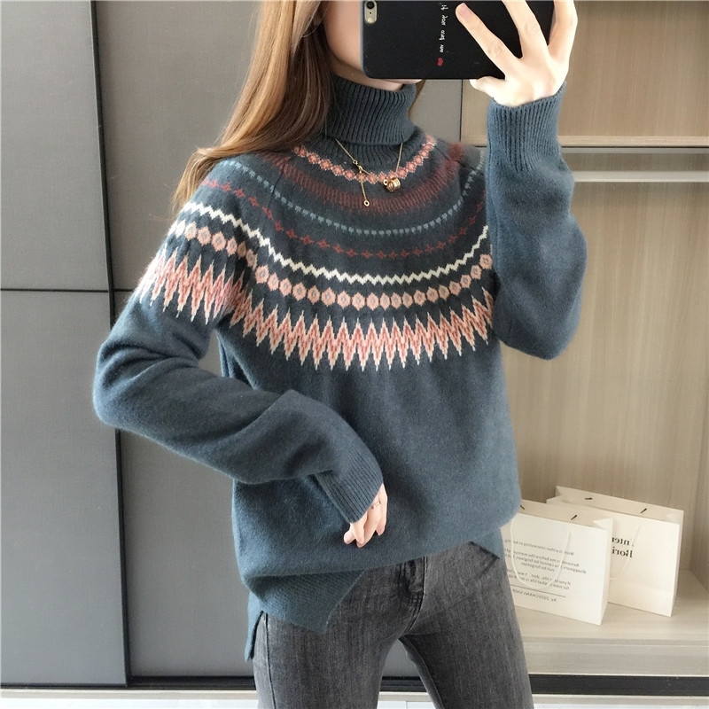 

Vintage Geometric Turtleneck Sweater Women Winter Autumn Chic High Neck Pullovers Elegant Lady Thicken Warm Jumper Knitwear 201203, Beige