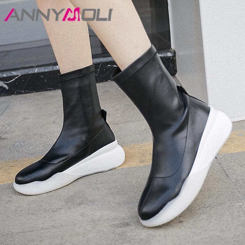 

ANNYMOLI Women Boots Autumn Ankle Boots PU Leather Flat Platform Short Fashion Round Toe Shoes Female 2020 Winter Size 391, Black synthetic lini
