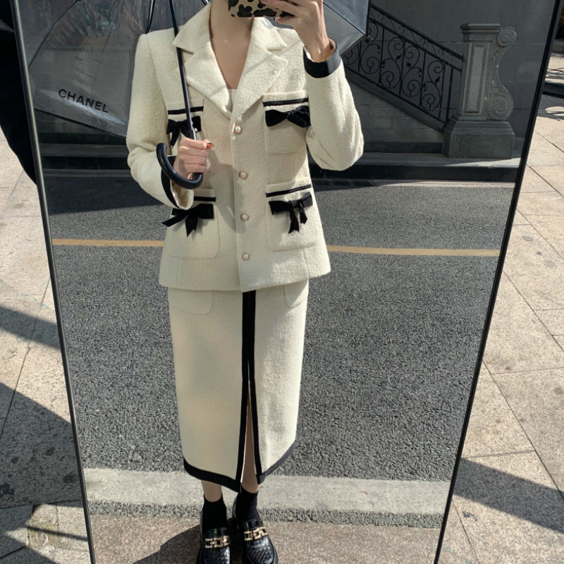 

2021 New Vintage Set of Two Pieces for Solid Women Carved Collar Unique Pockets Breasted Blazers Split Hem Mid-calf Skirt N76B