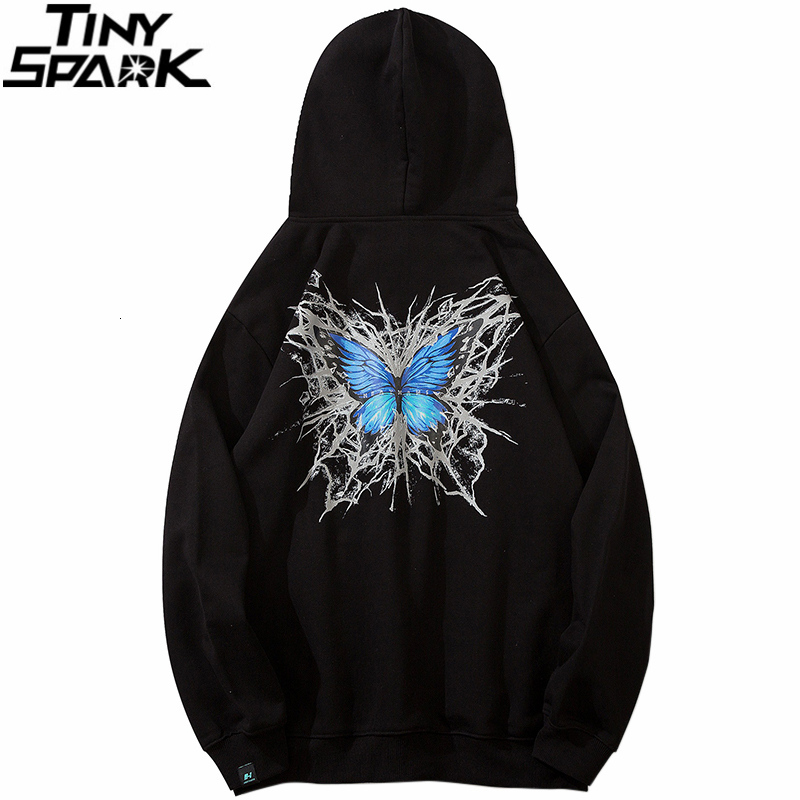 

Mens Hip Hop Streetwear Hoodie Blue Butterfly Print Sweatshirt 2020 Autumn Winter Harajuku Hooded Pullover Casual Sweat Shirt, A231223 black