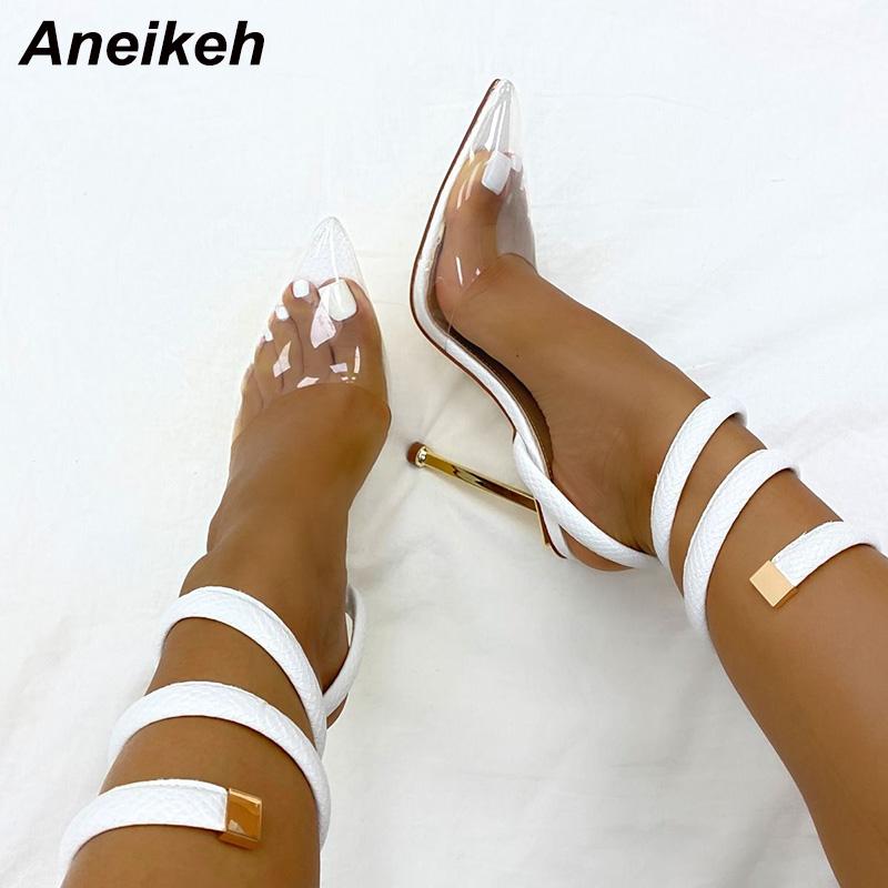 

Aneikeh Zapatos De Mujer Fashion Retro PVC Women's Shoes Shallow Narrow Band Pointed Toe High Heels Wedding Sandals 2021 Summer, Black