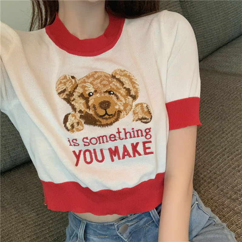 

2021 New summer crop tops cartoons Shredded color short sleeve fine mesh t-shirts of women Women's Shirts (r98278) Q69X, Red