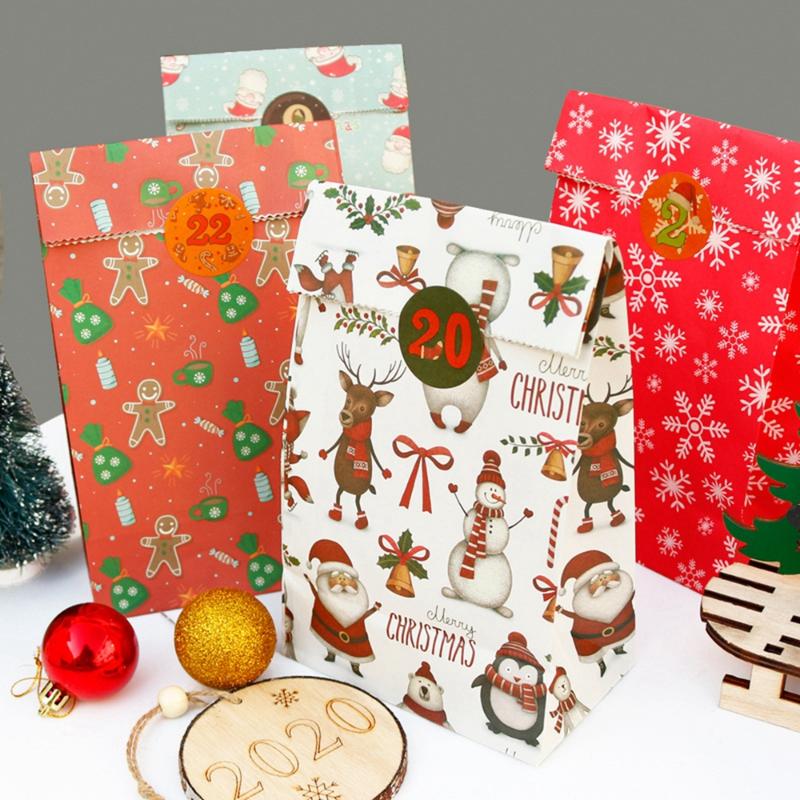 

24Pcs/set Mixed Pattern Christmas Gift Bags Christmas Candy Dessert Paper Bags with Stickers