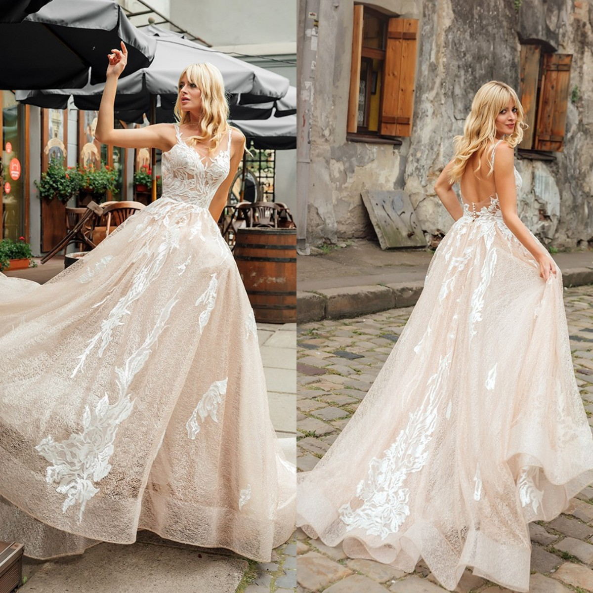 

2021 Fashion Wedding Dresses Scoop Neck Appliques Lace Beach Bridal Gowns Custom Made Sexy Backless Sweep Train A-Line Wedding Dress, Gold