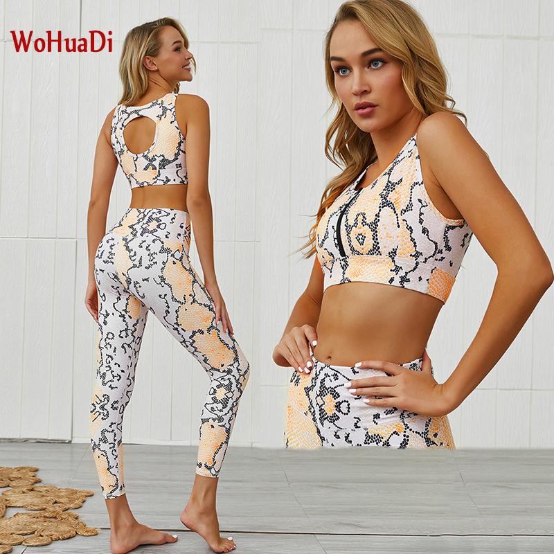 

WOHUADI 2Pcs Yoga Set Women Gym clothes Fitness Running Sportswear Leggings+Strappy Sport Bra Female Yellow snake pattern