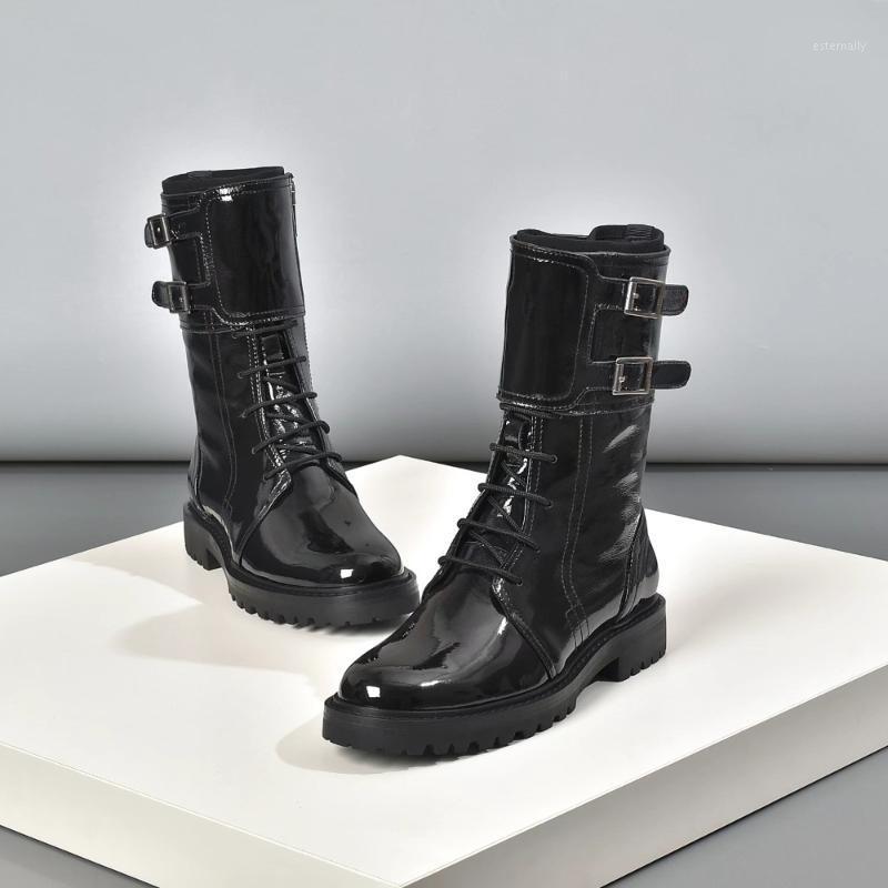 

Genuine Leather Buckle Combat Boots For Women Shoes Lace Up Botas Militares Fashion Motorcycle BootFlats Bottines Femmes Biker1, As show