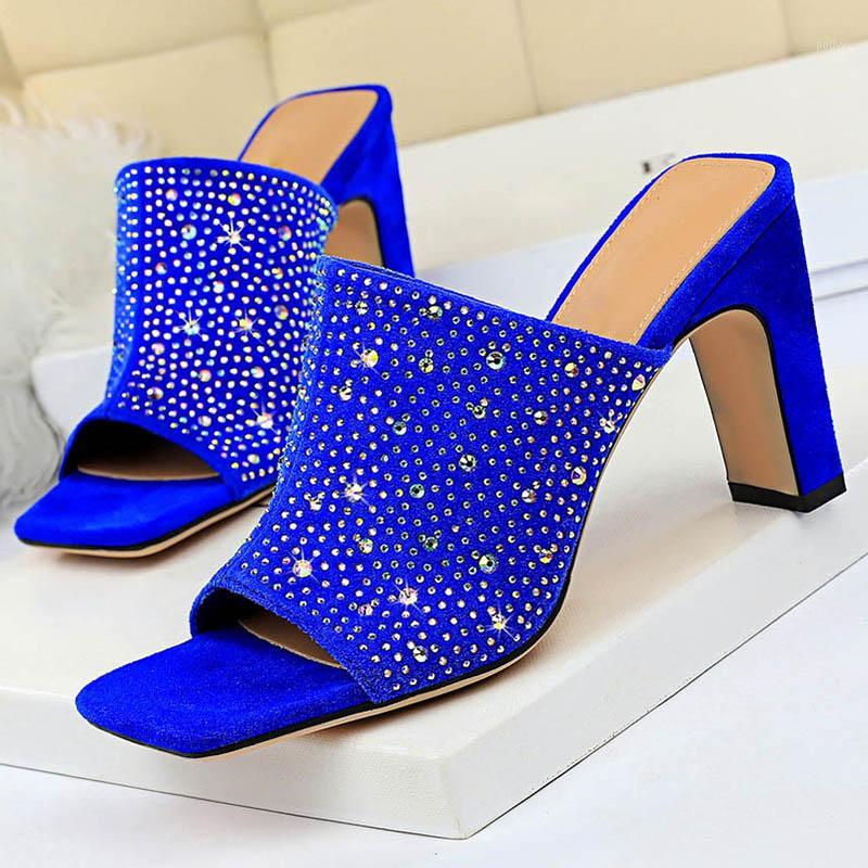 

2020 Women Mules Yellow Crystal Sandals Slides Lady Block Heels Slippers Sexy Summer 8.5cm High Heels Peep Toe Rhinestone Shoes1, Black