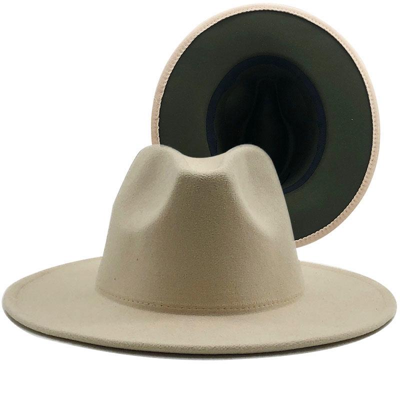 

New Outer cream Inner Army Green Wool Felt Jazz Fedora Hats with Thin Belt Buckle Men Women Wide Brim Panama Trilby Cap 60CM, Cream green