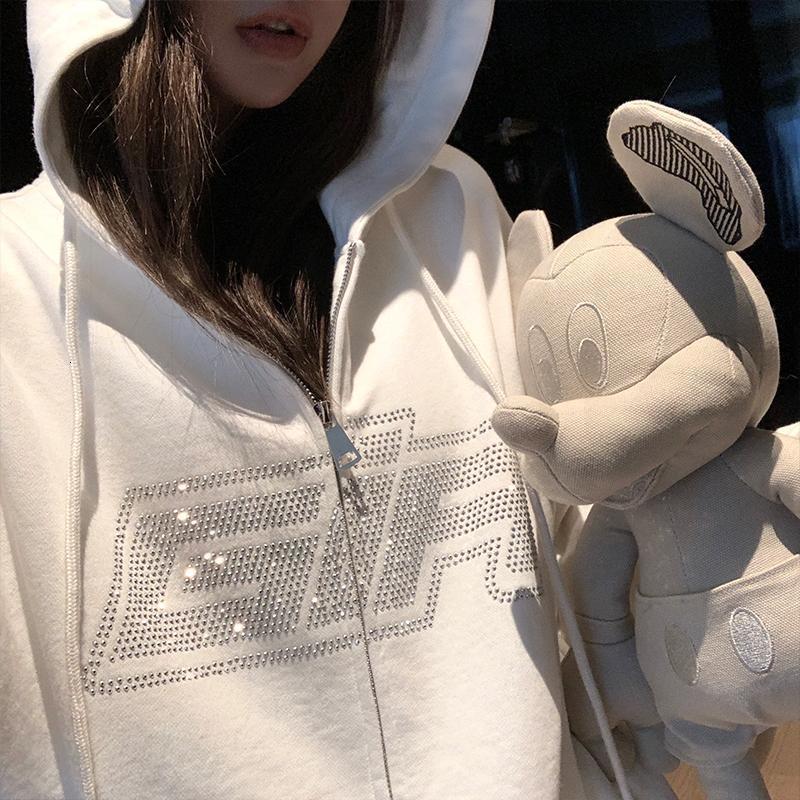 

2021 High quality Coat with a Hot Diamond Hoodie Women's Cardigan Fine Autumn QWWW, White