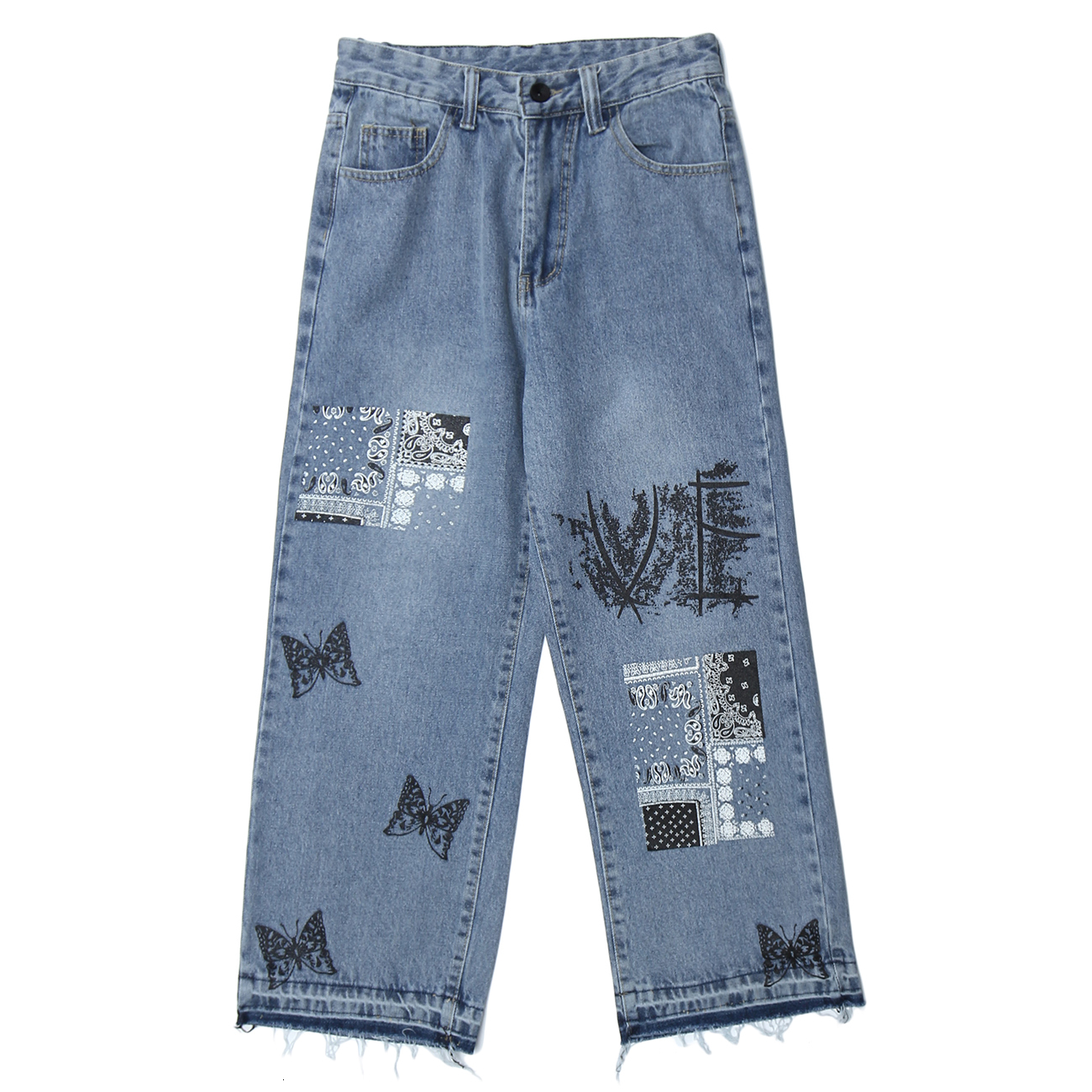 

2021 New Vintage Denim Patchwork Butterfly Print Streetwear Jeans Harajuku Hip Hop Pants Jogger Men Trouser Ypux, Blue
