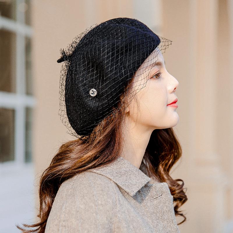 

Mesh Beret Female Autumn and Winter Fashion Korean Version 2020 New Wild Pumpkin Hat Literary Retro Wool Painter Hat, Black