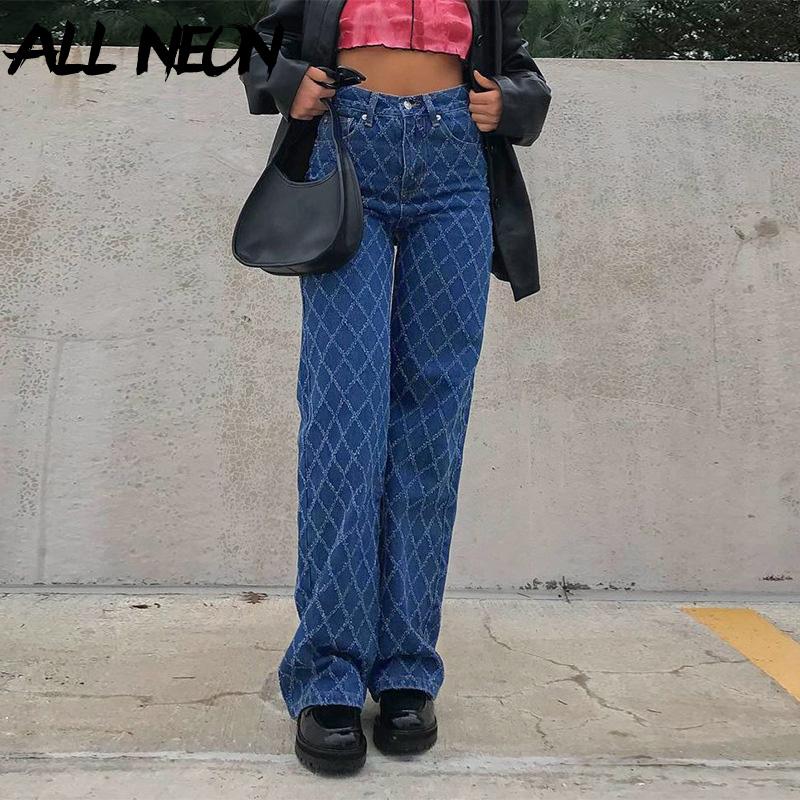 

ALLNeon 90s Streetwear Argyle Plaid Baggy Jeans Y2K Aesthetics High Waist Blue Denim Trousers Vintage Indie Pants Skater Outfits