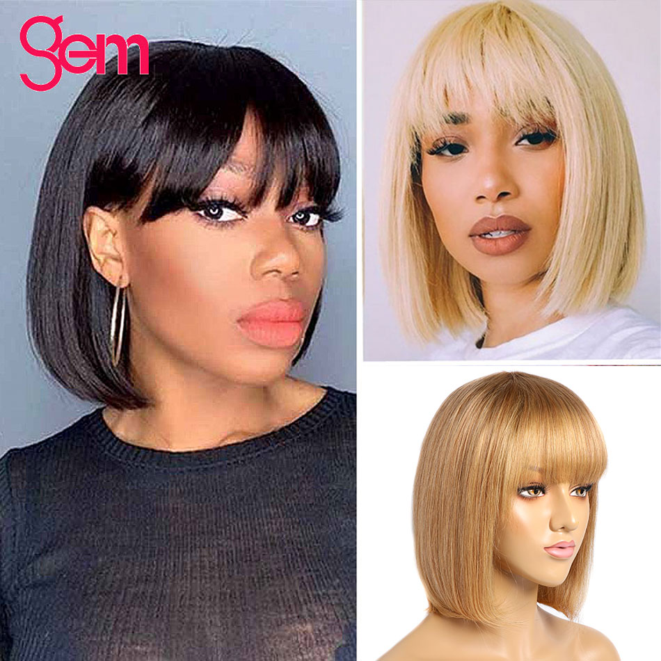 

Straight Bob Human Hair Wigs With Bangs Malaysian Remy Human Hair Bob Wig With Bangs No Lace Wigs Ombre 613, Natural color