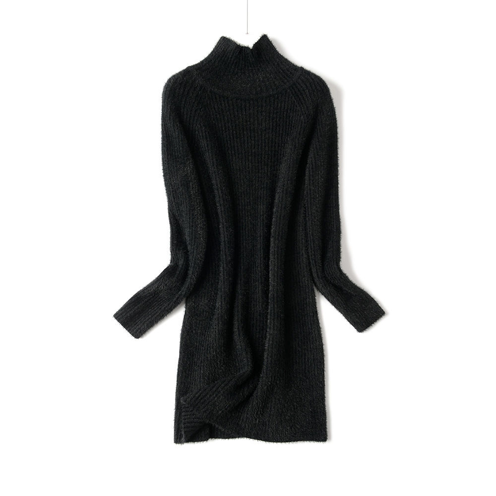 

2021 New Autumn Winter Half Turtleneck Short Lantern Sleeve Thick Sweater Women Loose Mini Female Chic Straight Dress Eltp, Blue