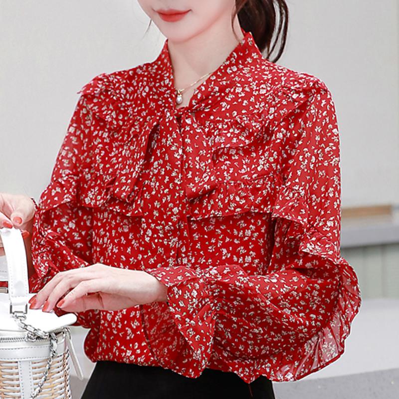 

Blouse Women 2020 Long Sleeve Women Blouses Shirts Ruffles Print Chiffon Blouse Shirt Tops Blusas Camisas Mujer Blusa D379, Red