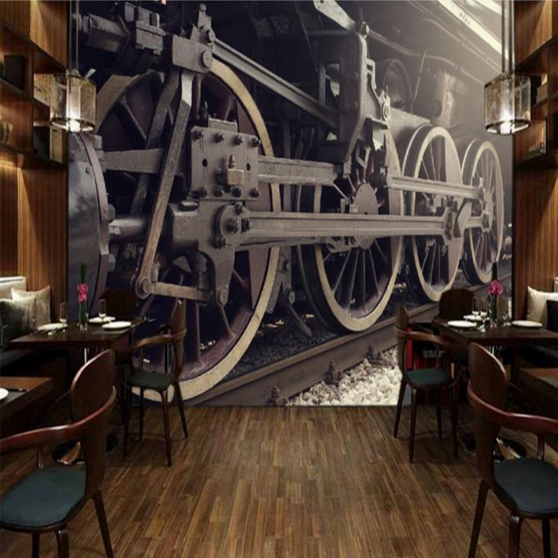 

Drop Shipping Custom Mural Custom Steam Train Mechanical Mural Retro Theme Background Wall Wallpaper Decoration Painting, As pic
