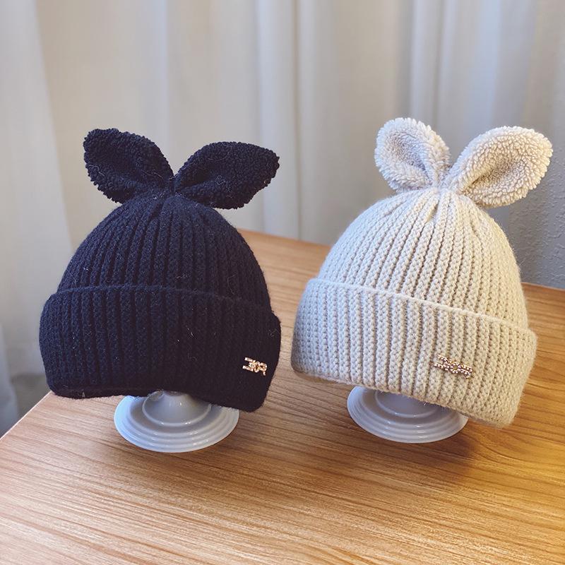 

Women Winter Beanies Chunky Lurex Knit Skullcap Cute Ears Scrub Skullies Warm Fleeced Letters Embellished Bonnet Hats, Black