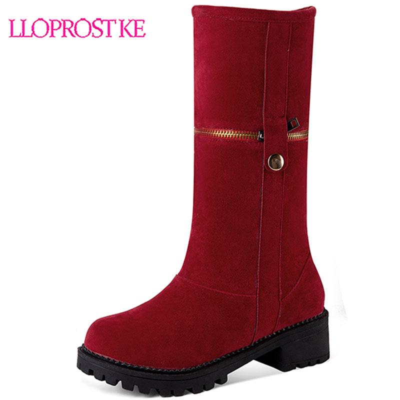 

Lloprost ke Fashion 2020 Flock Women Winter Shoes Thick Med Heel Mid calf Boots Black Gray Red Brown Booties Woman Plus Size 52