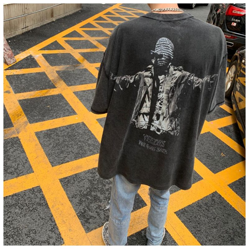 

2021 New Washed Old Retro Short-sleeved Masked Singer Trendy Printed Round Neck Reverse Cut T-shirt for Men Jmhs, Black