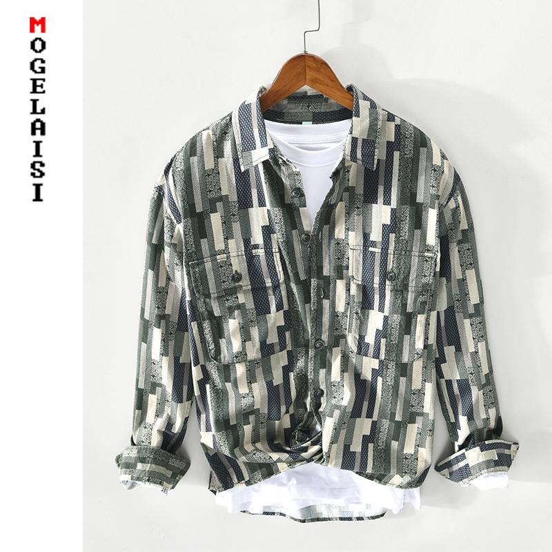 

New Men shirt Fashion long sleeve Printed shirt man tops 100% cotton high quality camisas masculin Asian size Z126, Brown
