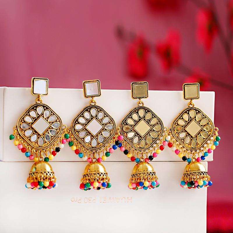 

OIQUEI Fashion Colorful Beads Tassel Jhumka Jewelry Earrings For Women Girls Gold Metal Square Mirror Water Drop Earrings