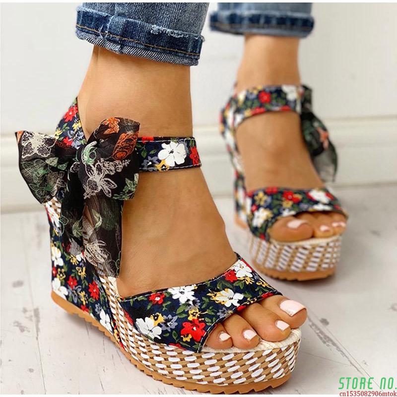 

Summer Beach Boho Floral Wedge Sandals Women Ankle Strap Platform Gladiator Shoes Woman High Heels Sandalias Mujer 2021, Black