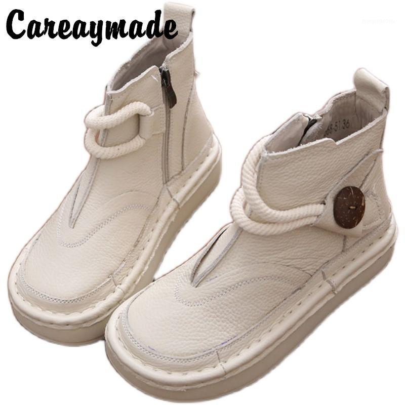 

Single Boot Short Boots with Big Head and Thick Sole Original Hand Sewn Casual mori Women's Vintage Genuine Leather boots,3color1, Beige