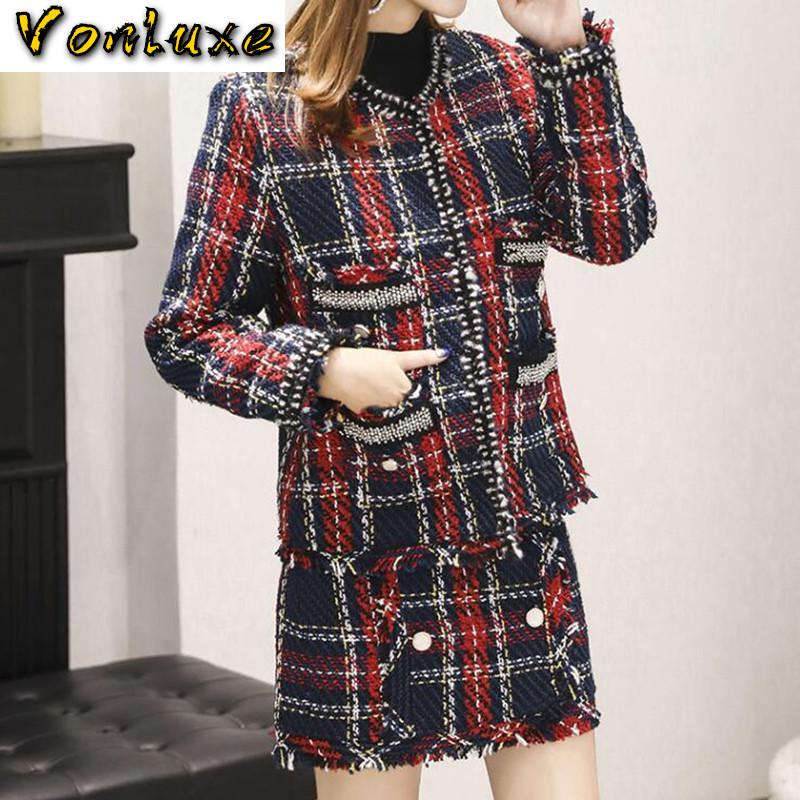 

Suits Women Runway Designer Elegant Office Ladies Formal Tweed Wool Plaid Blazer Jacket Mini Skirt 2 Piece Set 2020 Winter, Red