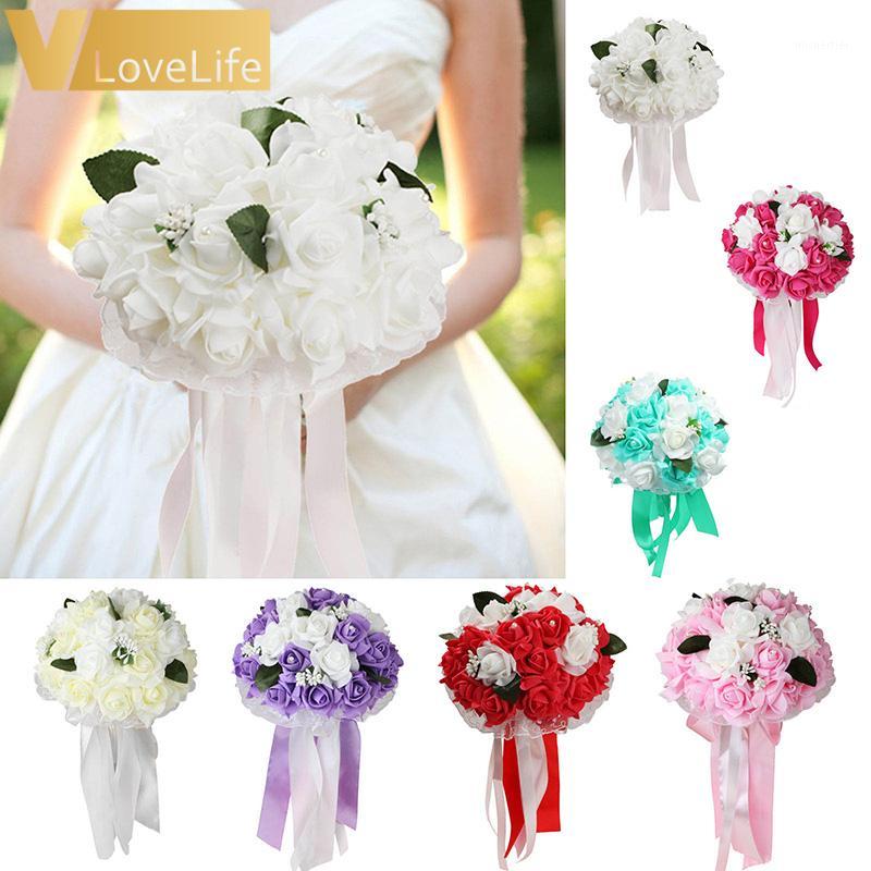 

Bridal Bouquet Holding Flowers Ribbon Fuchsia/Ivory/White PE Rose Bridesmaid Wedding Foam Flowers Rose Fake Wedding Bouquet1, Red