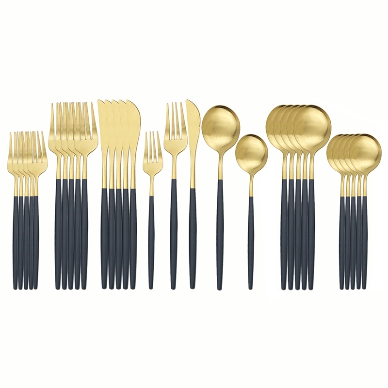 

30Pcs Matte Black Gold Tableware Set 304 Stainless Steel Dinnerware Set Kitchen Flatware Set Western Knife Fork Spoon Cutlery 201128