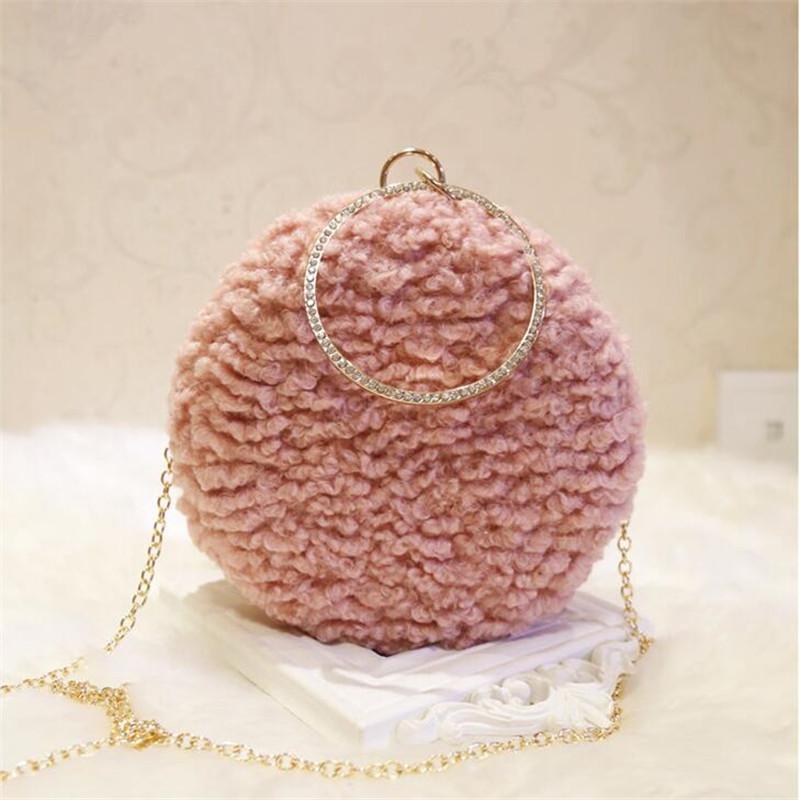 

2020 new women handmade Lamb cashmere evening bags luxury round shaped wedding bags clutch purse with chain MN1275