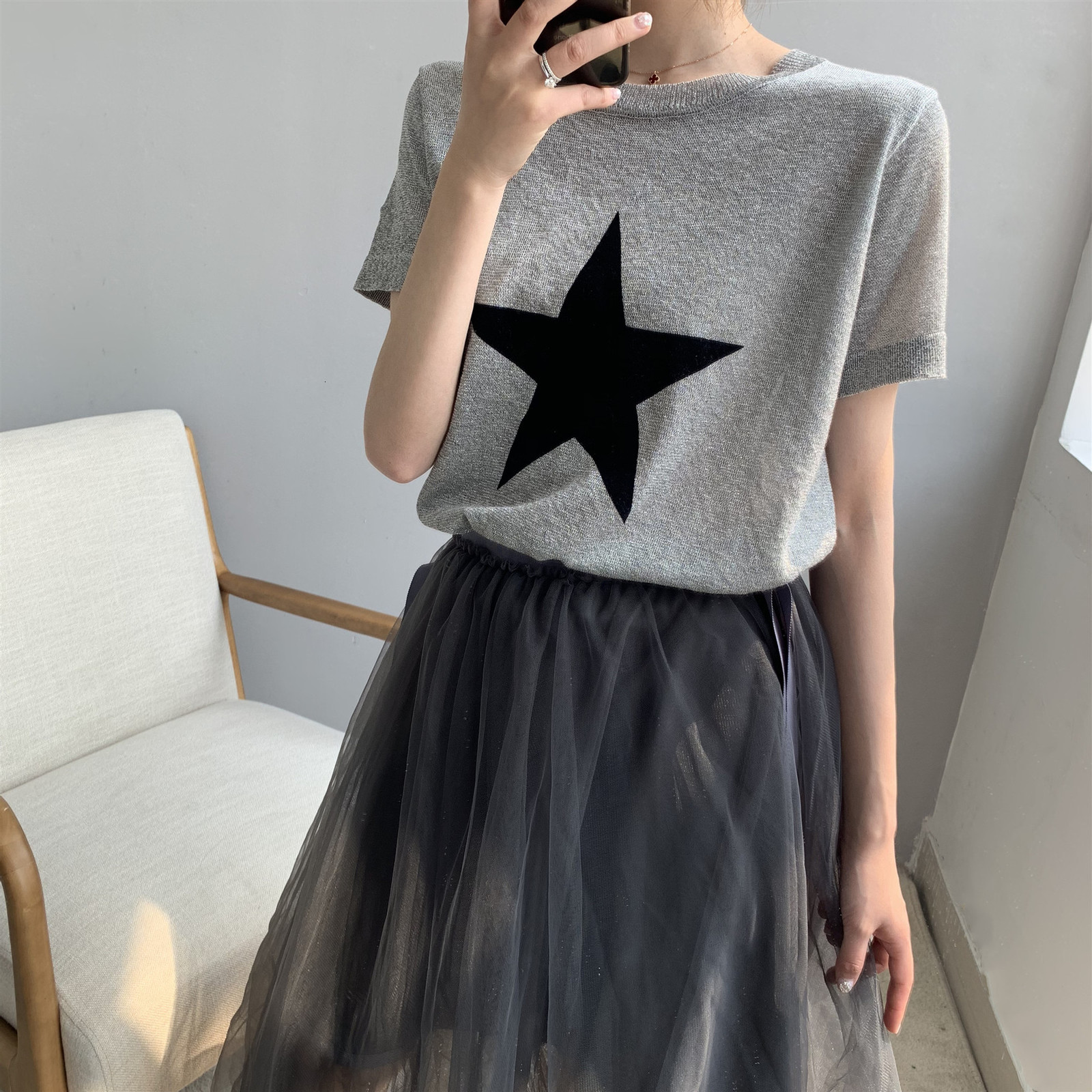 

2021 New Knitted O-neck Casual Shirts Short Sleeve Star Pattern t Shirt Harajuku Tops for Women Summer Tees R5o2, Black