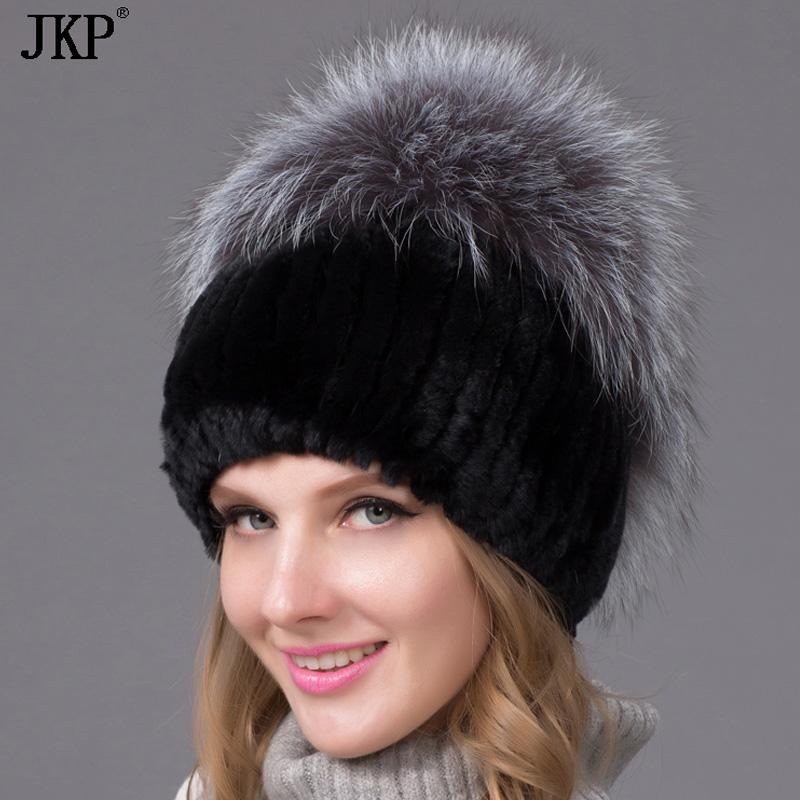 

Rex fur hat female winter thick warm knit hat fur ball THY-09