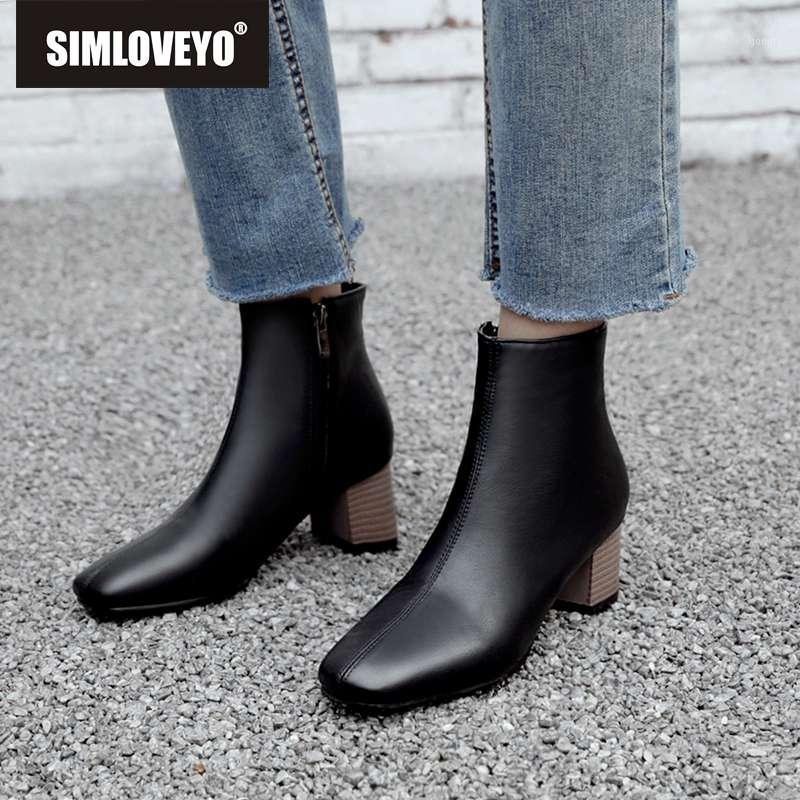 

SIMLOVEYO Autumn retro short boots square toe block heels casual footwear solid ankle boots side zipper large size 30-51 botas1, Black