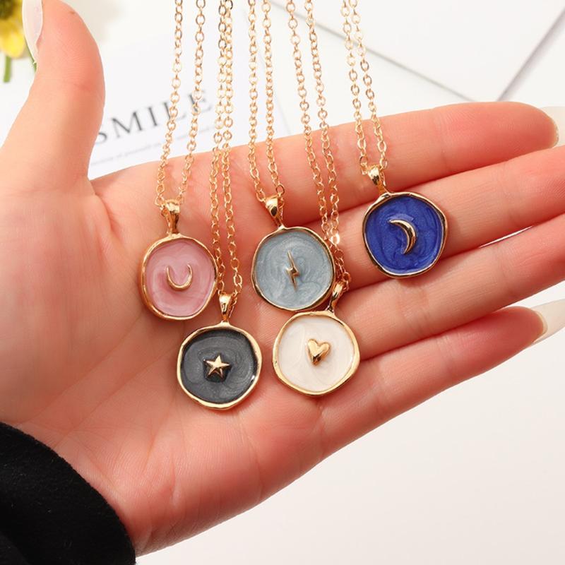 

Vintage Simple Moon Star Heart Necklace Women Statement Geometric Golden Oil Drop Enamel Pendant Necklace Fashion Jewelry New
