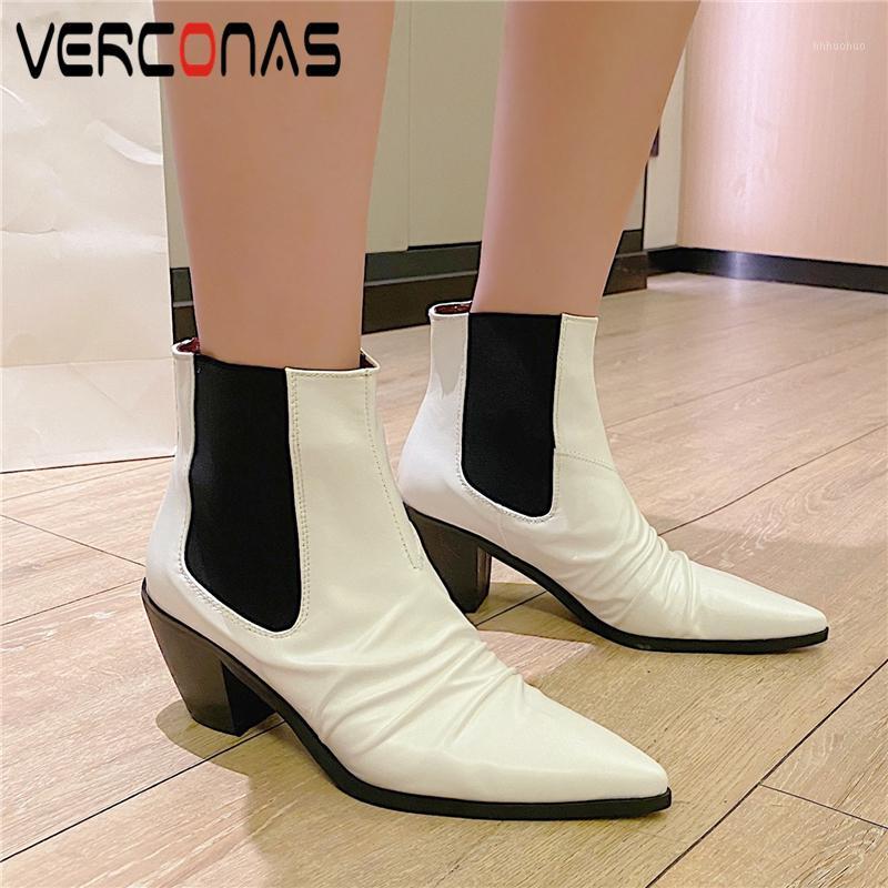

VERCONAS Concise Fashion Woman Ankle Boots 2020 Autumn Winter Genuine Leather Pointed Toe Shoes Woman Pleated High Heels Boots1, Black