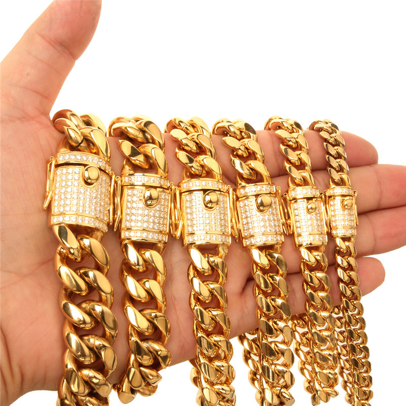 

10mm-18mm wide Yellow Gold Plated CZ Lock Stainless Steel Cuban Miami Chains Necklaces Bracelet for Men Hip Hop Rock Jewelry