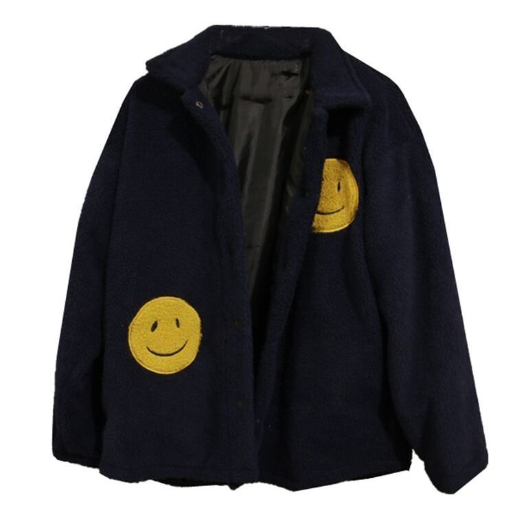 

Kanye same jacket smiley face lapel lamb fur coat high street men and women loose thick shirt