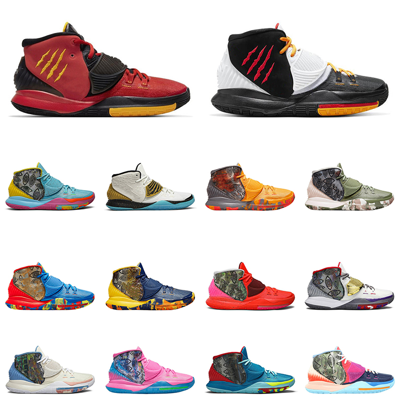 

kyrie 6 mens baskteball shoes shot clock new york pool neon graffiti mens trainers sports sneakers, White;red