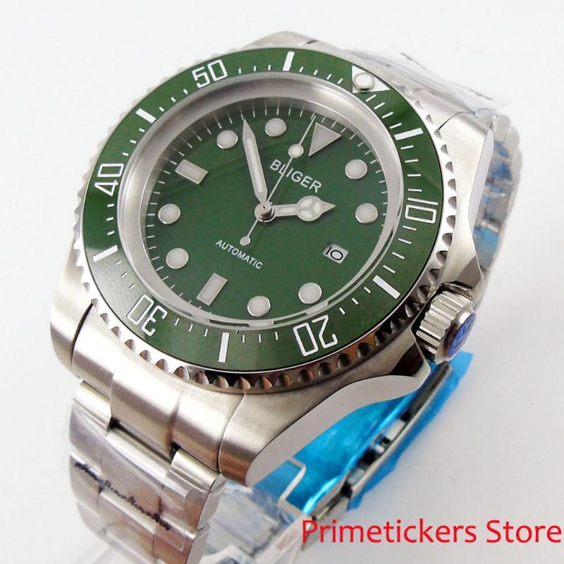 

BLIGER luminous 44mm self winding men's watch green dial date stainless steeel strap1, Sterile dial