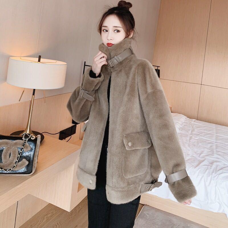 

Women 2021 Autumn Winter Faux Outwear Stand Collar Long Sleeve Jacket New Female Loose Street Style Warm Overcoat C183, Beige
