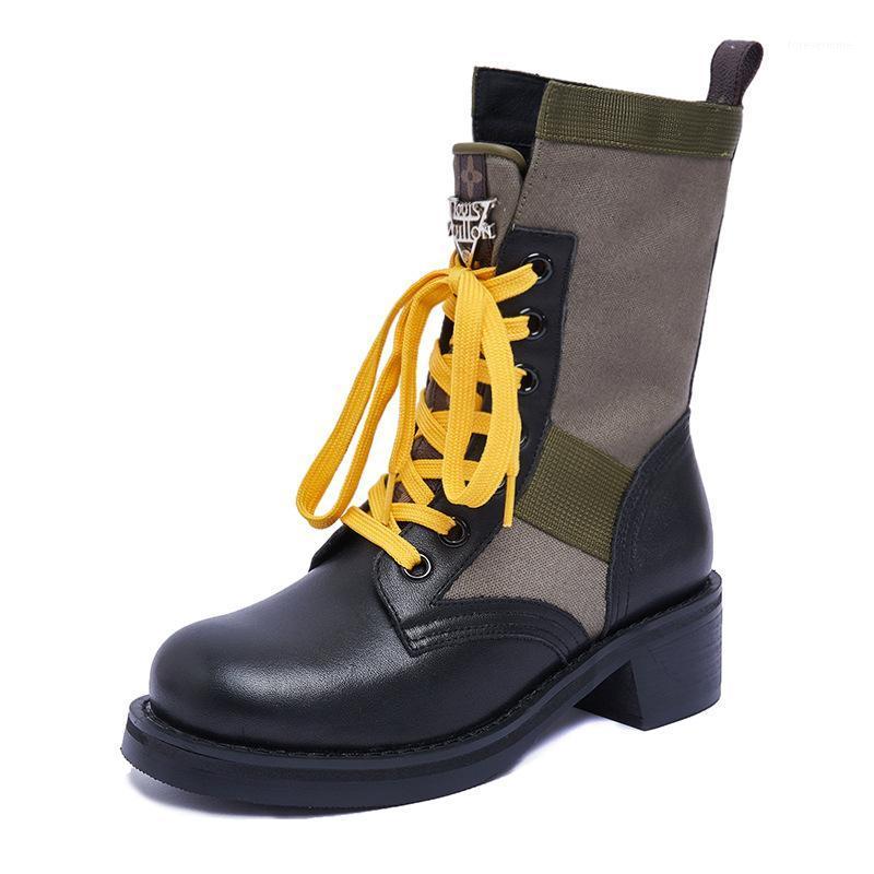 

boots women's leather new first layer cowhide thick heel canvas women boots British style mid-tube women short boot1, Black