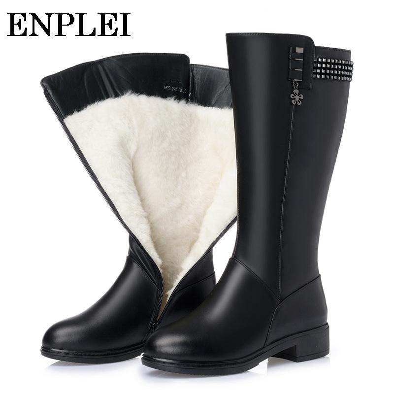 

Enplei Winter Boots Women Genuine Leather Female Boots High-heeled Female Long Wool Lined Warm Snow Lady Size 35-43, Brown plush