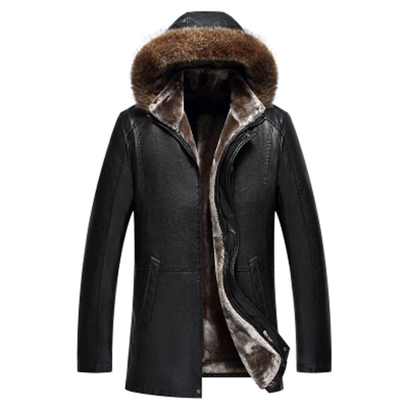 

2020 New Long Real Fur Collar Mens Jacket Leather Black Thick Warm Hooded Kurtka Skorzana Meska
