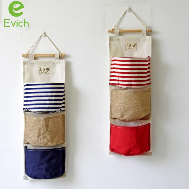 

EVICH Three Pockets Splicing Joined Cotton and Linen Hanging Bag Wall Storage Convenient Bag Home Wall Decoration JF074, Red