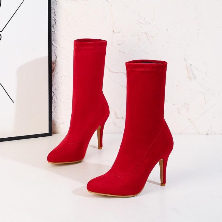 

Slim suede high-heeled elastic boots purple women's boots color fashion yellow pointed medium large 44-481, Black