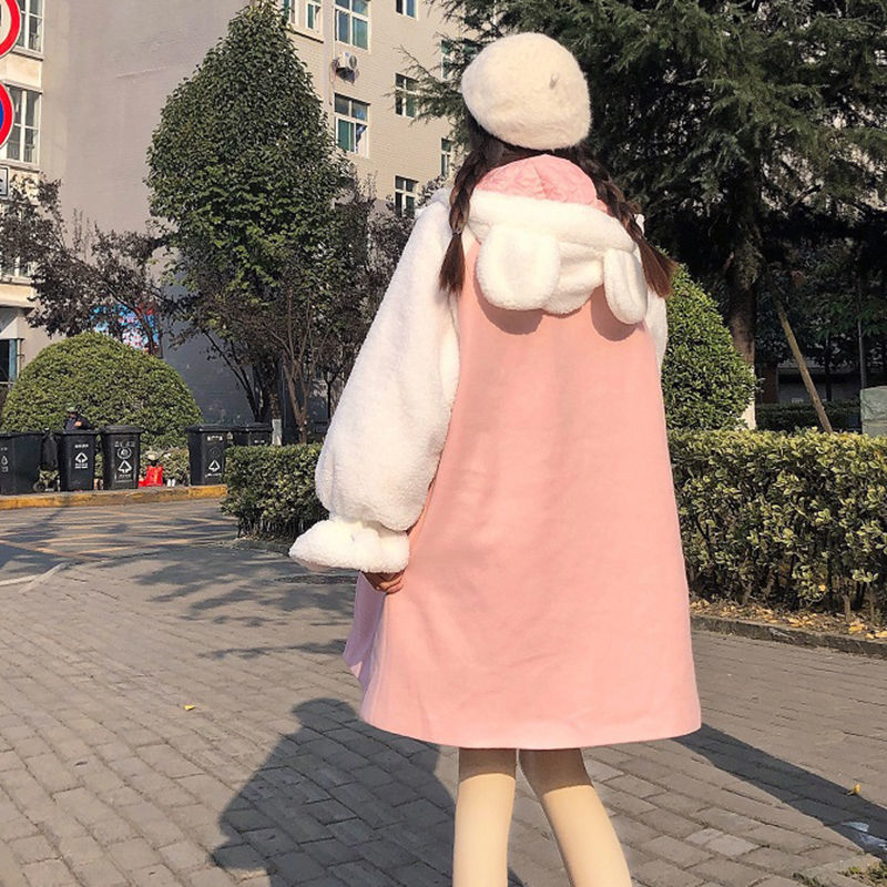 

Japanese Style Thick Wool Coat Winter Pink Kawaii Coats and Jackets Casual Sweet Patchworl Overcoat Women 2021 New Ac2j