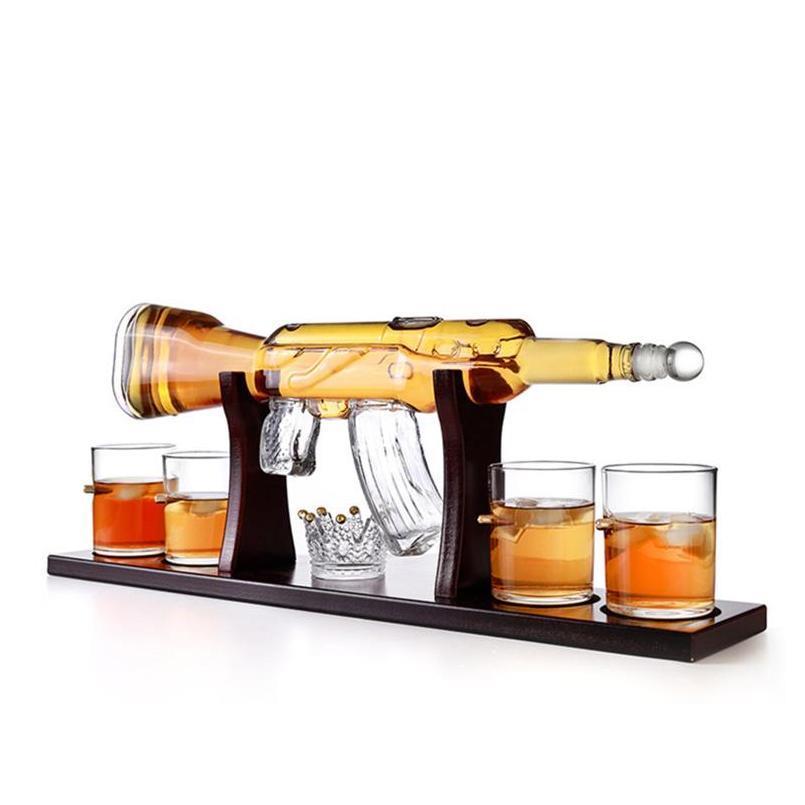 

Home Use High Borosilicate Drink Ware Wine Decanter Gun Shape Bottle Glass Whiskey Set With Wooden Tray And Bullet Cup Isvlo